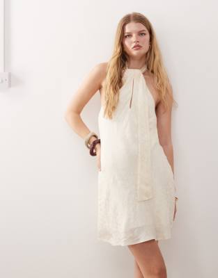 reclaimed vintage mini dress with scarf detail in cream satin jacquard