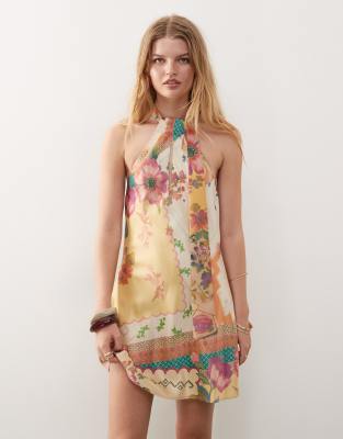 mini dress with scarf detail in yellow floral print-Multi