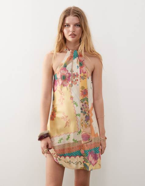 Reclaimed Vintage mini dress with scarf detail in yellow floral print - view 1