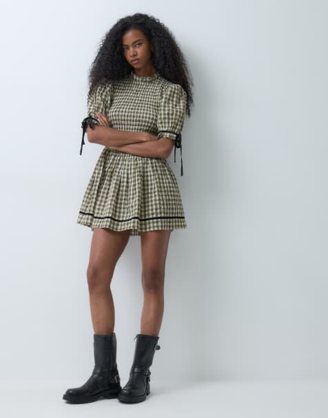 Reclaimed Vintage mini dress with shirred bodice and contrast trims in brown check - view 1