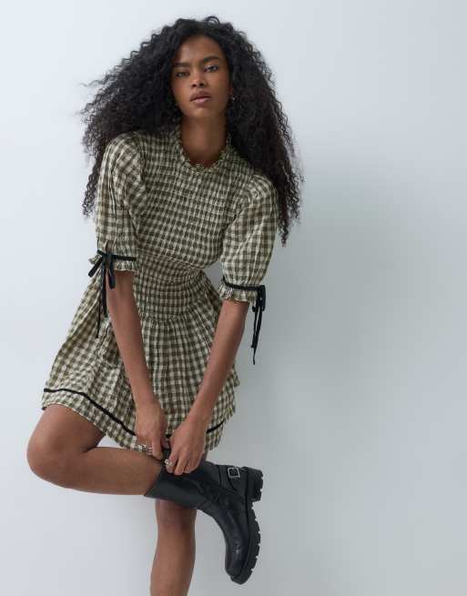 Reclaimed Vintage mini dress with shirred bodice and contrast trims in brown check, 2 of 5