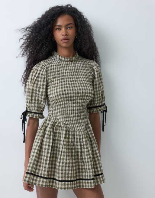 Reclaimed Vintage mini dress with shirred bodice and contrast trims in brown check, 3 of 5