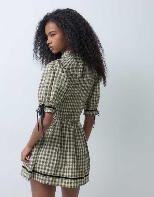 Reclaimed Vintage mini dress with shirred bodice and contrast trims in brown check, 5 of 5