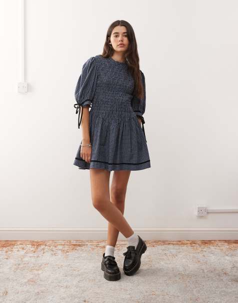 Reclaimed Vintage mini dress with shirred bodice and velvet trim in blue plaid - view 1