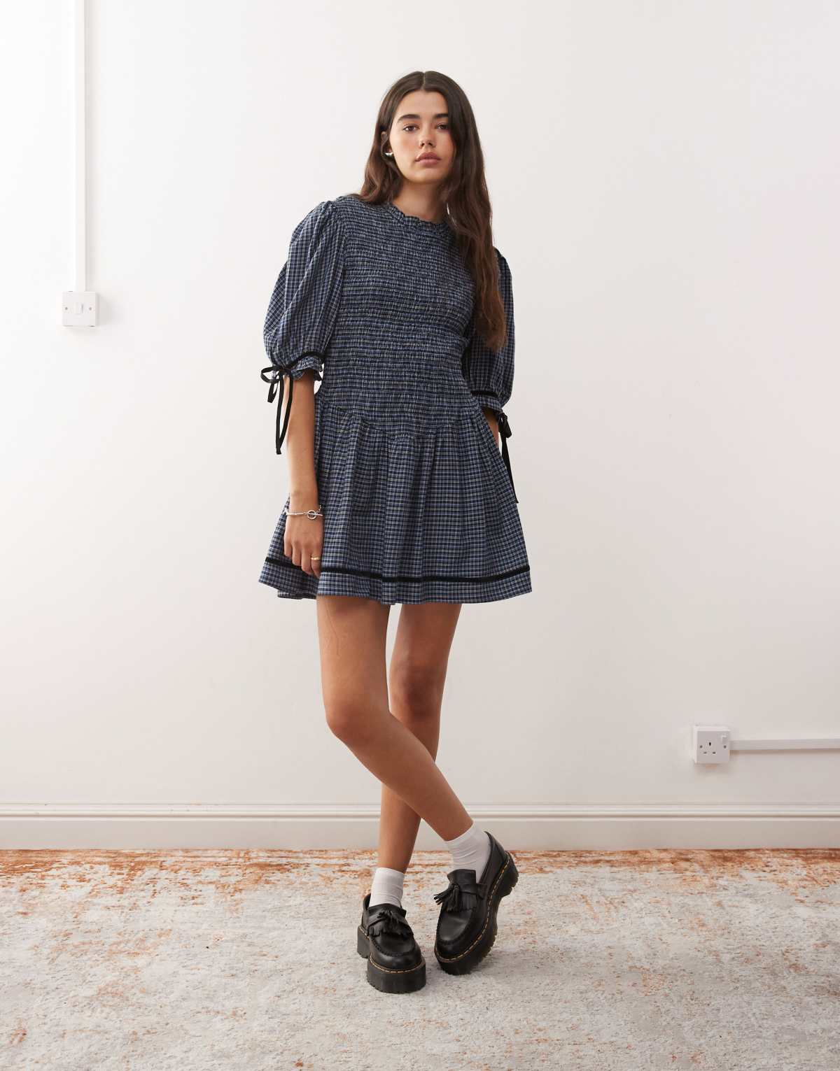 Reclaimed Vintage mini dress with shirred bodice and velvet trims in blue check