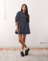 ASOS DESIGN short sleeve mini dress with ruched tie waist detailing in black pinstripes