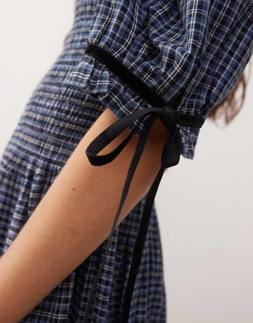 Reclaimed Vintage mini dress with shirred bodice and velvet trim in blue plaid