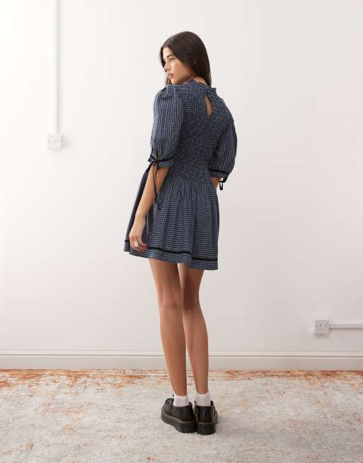 Reclaimed Vintage mini dress with shirred bodice and velvet trim in blue plaid