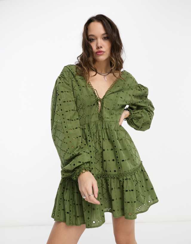 Reclaimed Vintage mini eyelet dress with tie front in khaki