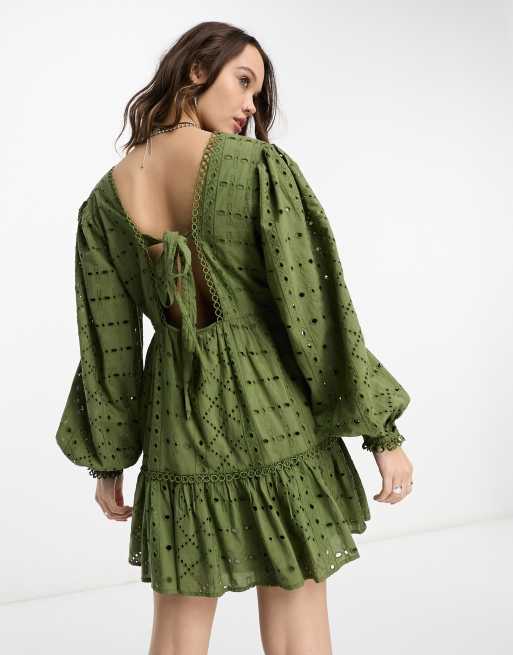 Reclaimed Vintage mini eyelet dress with tie front in khaki, 4 of 4