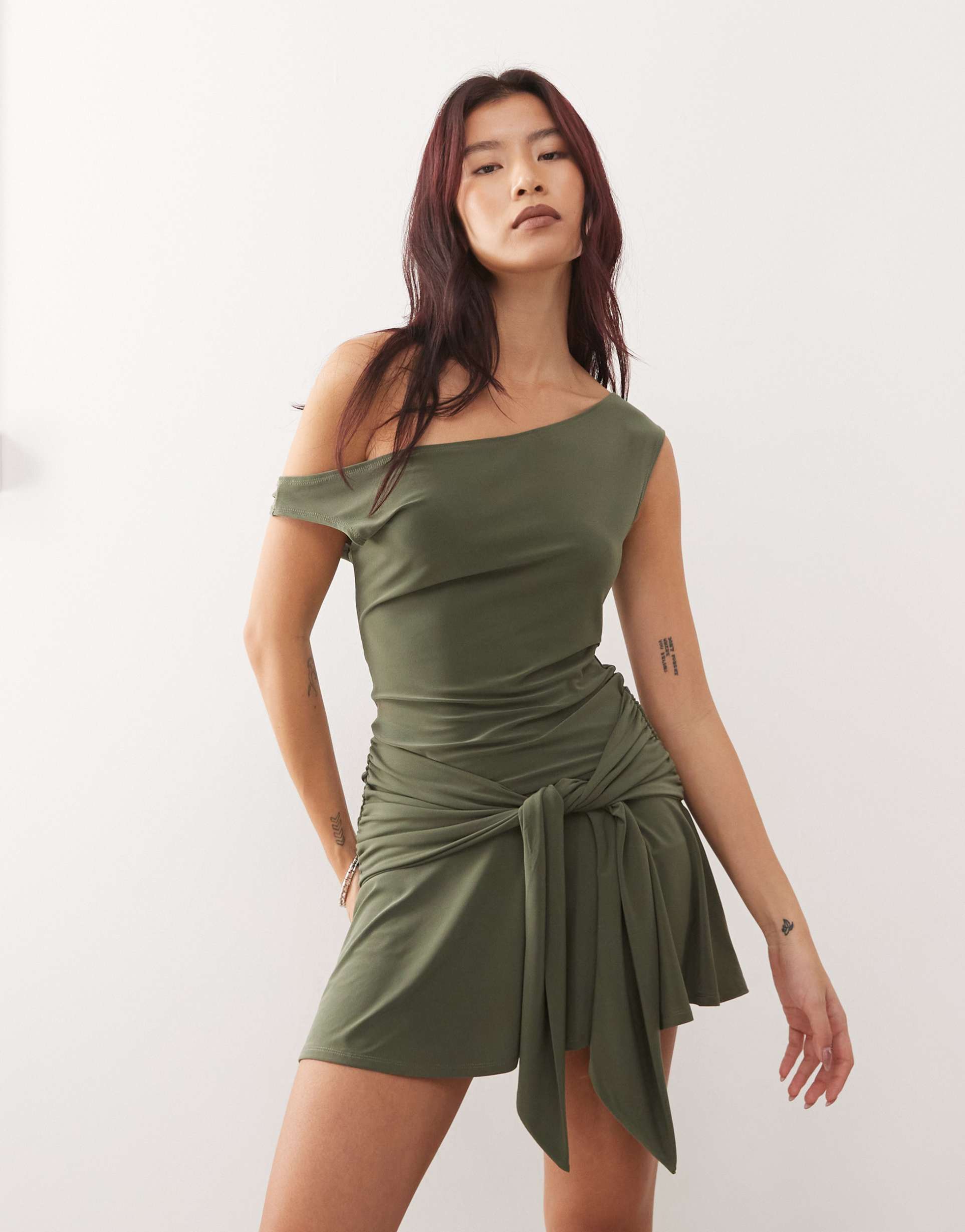 reclaimed vintage mini flippy skort dress with tie detail in olive green