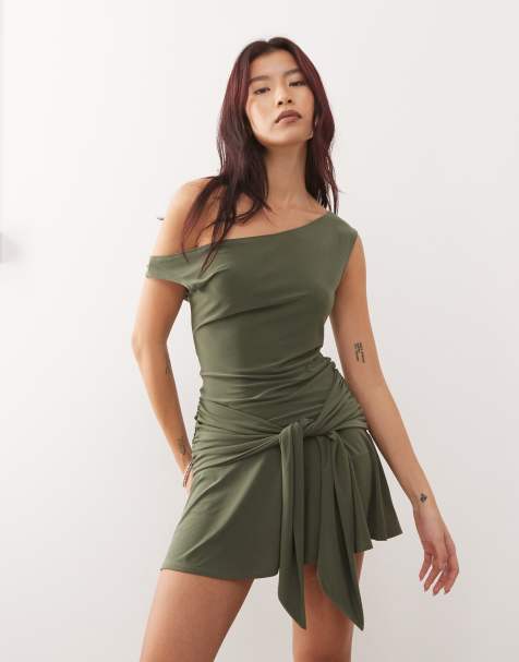 Reclaimed Vintage mini flippy skort dress with tie detail in olive green