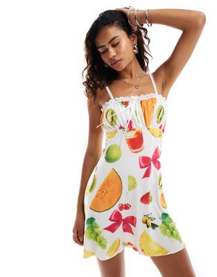 Reclaimed Vintage mini holiday sundress in all over fruit print-Multi