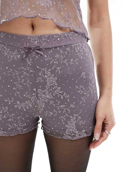 Reclaimed Vintage mini hot pant lace shorts with bow in purple