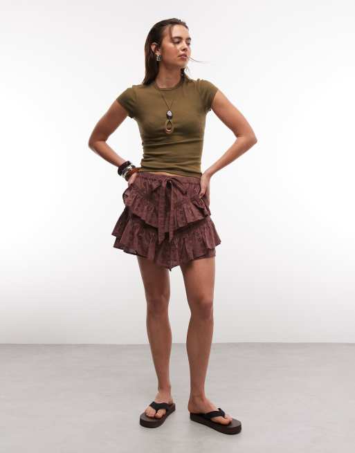 Reclaimed Vintage - Mini jupe-short à volants en broderie anglaise - Marron