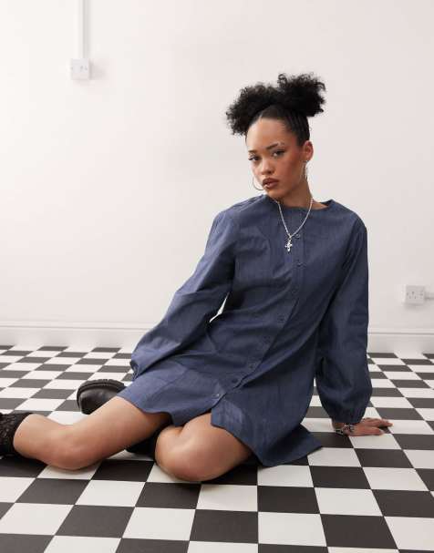 Reclaimed Vintage - Mini-jurk met denim-look en ballonmouwen in blauw - view 1