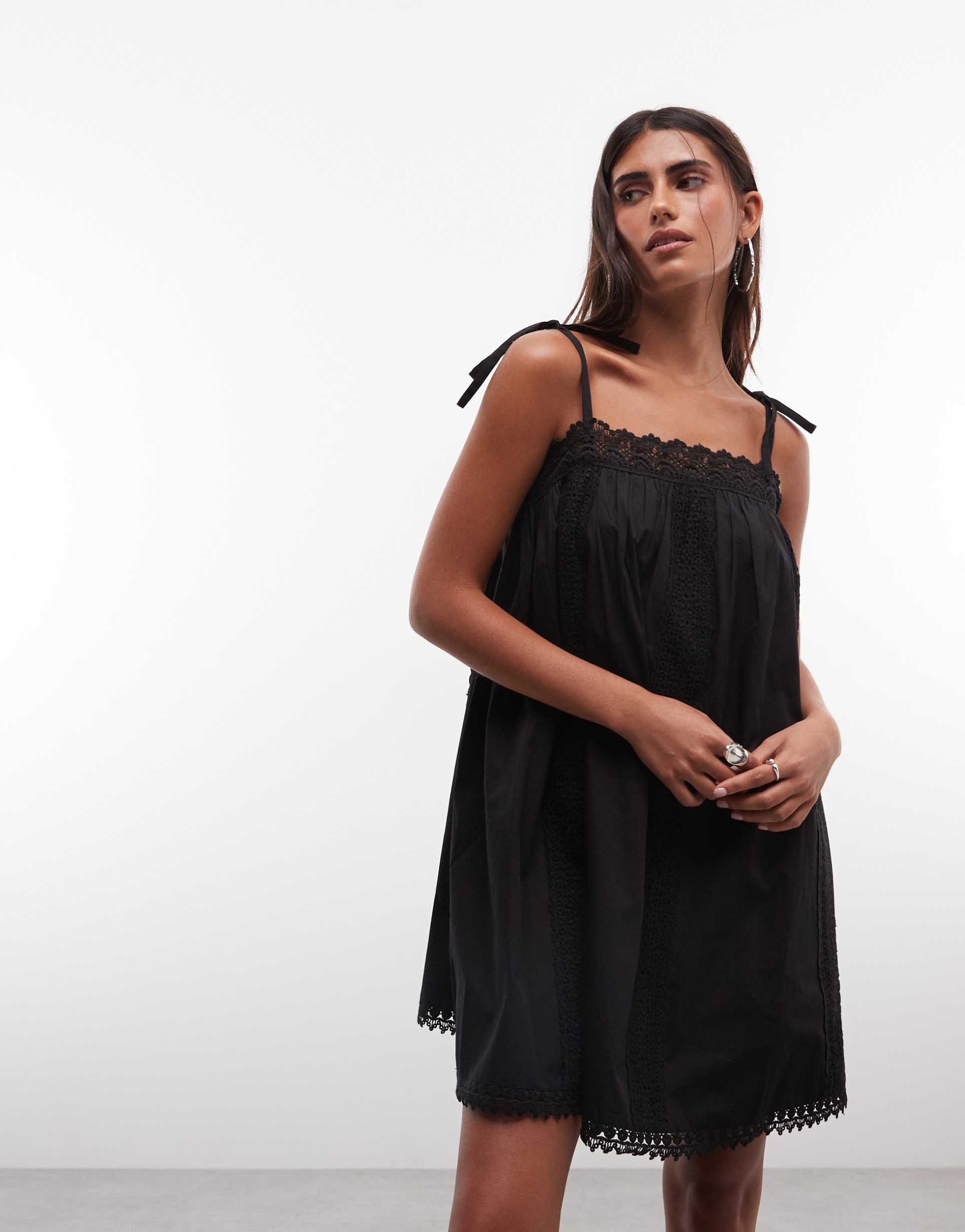 reclaimed vintage mini layering dress with lace trims in black