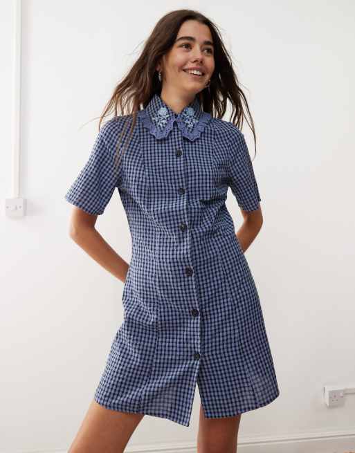 Reclaimed Vintage - Mini overhemdjurk met ruitmotief in blauw 