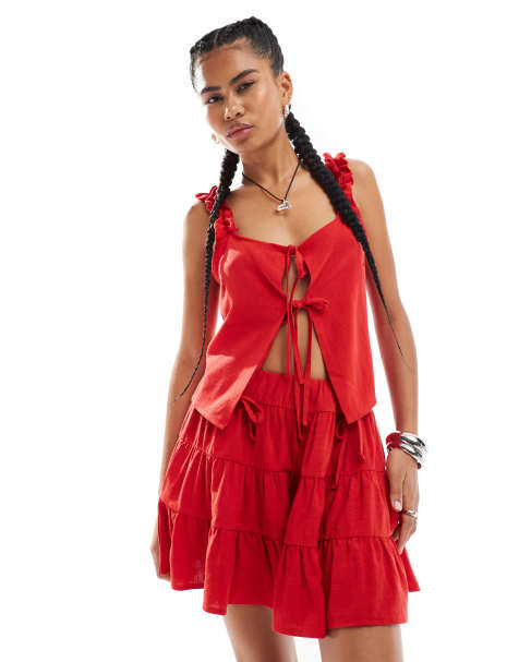 Reclaimed Vintage mini rara skirt with bows in red - view 1