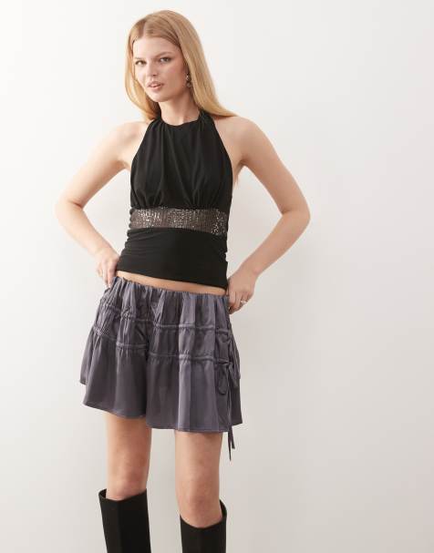 Reclaimed Vintage mini rara skirt with ruched detail in silver gray - view 1