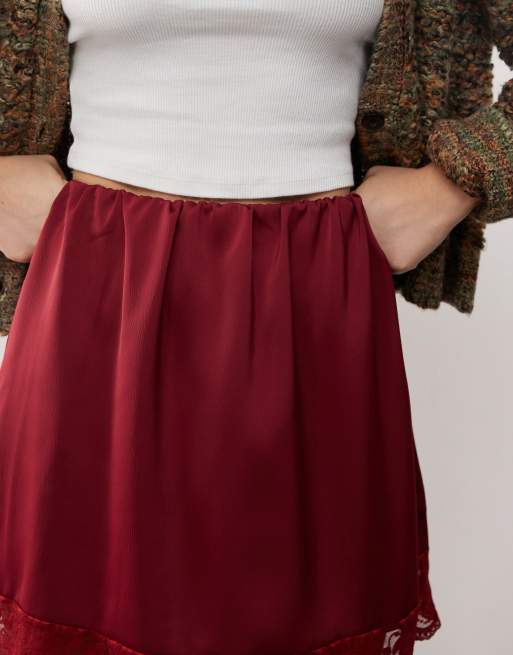 Reclaimed Vintage mini satin skirt with lace trim in burgundy ASOS