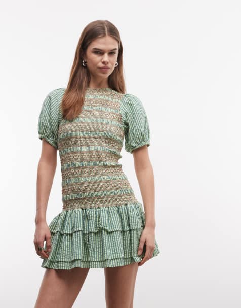 Reclaimed Vintage mini shirred dress with puff sleeve in green stripe with contrast red binding - view 1