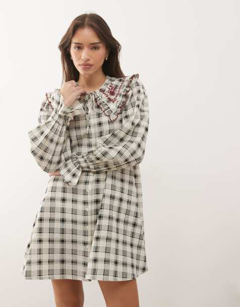 Reclaimed Vintage mini shirt dress with oversized collar and embroidery in black and white check
