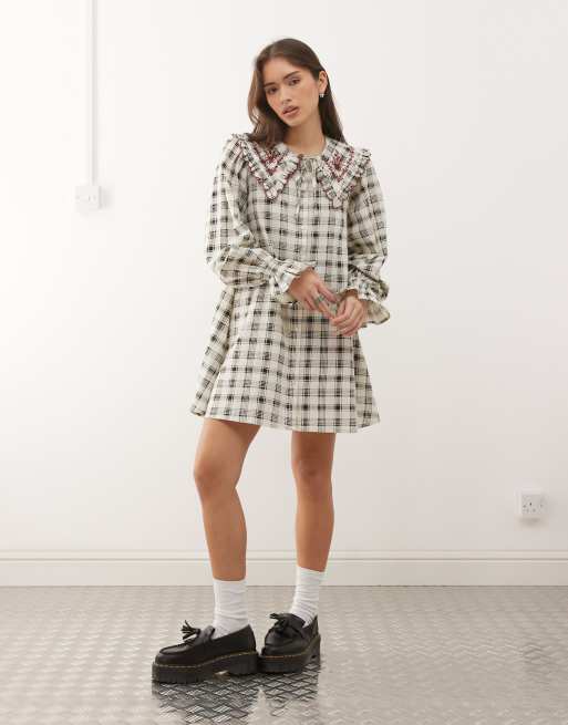 Reclaimed Vintage mini shirt dress with oversized collar and embroidery in black and white check