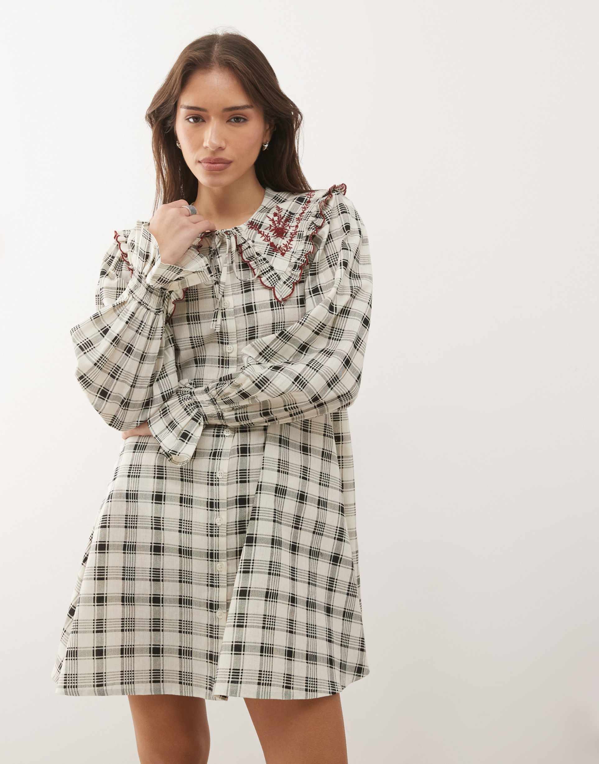 reclaimed vintage mini shirt dress with oversized collar and embroidery in black and white plaid