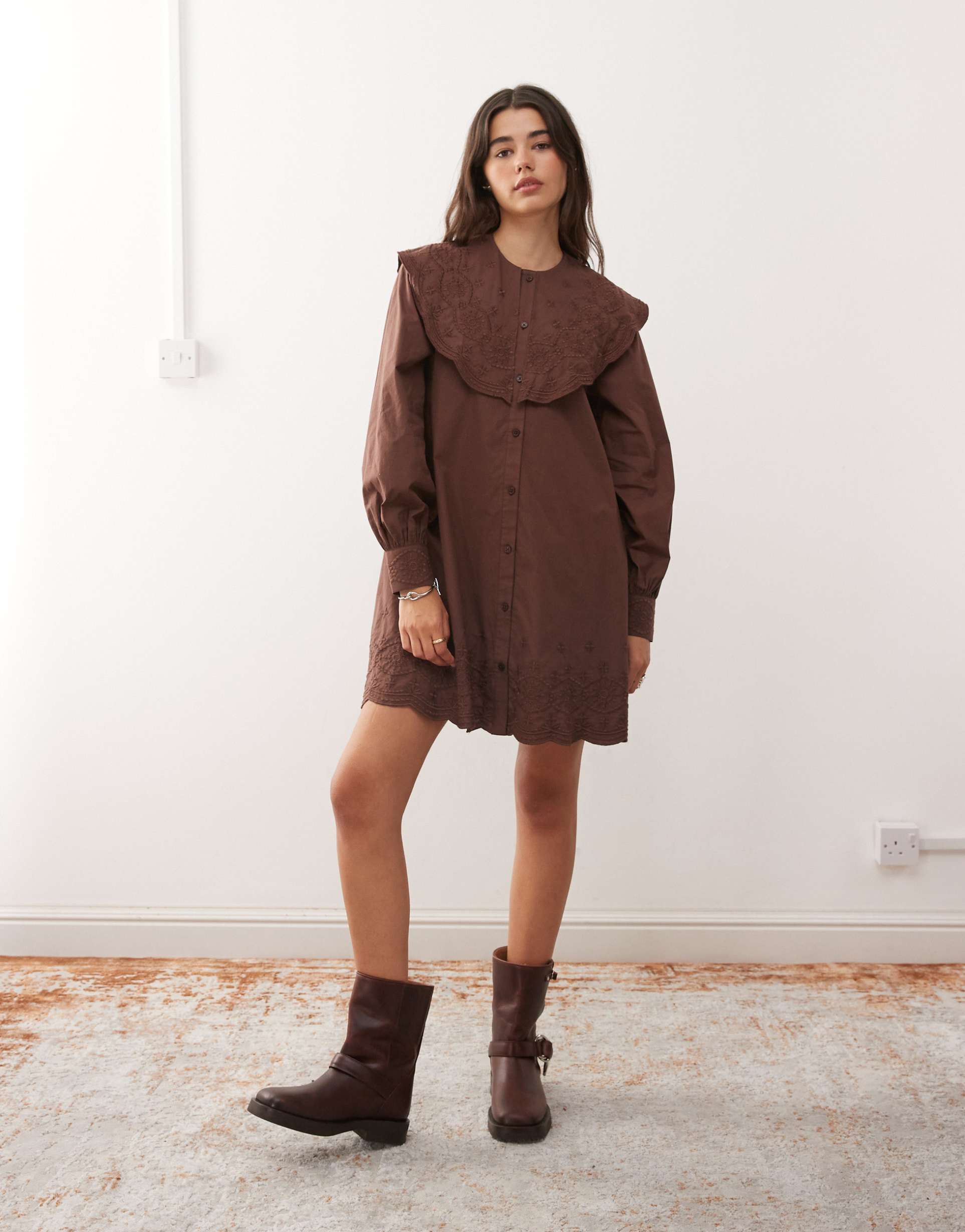 reclaimed vintage mini shirt dress with oversized collar and floral embroidery in chocolate brown