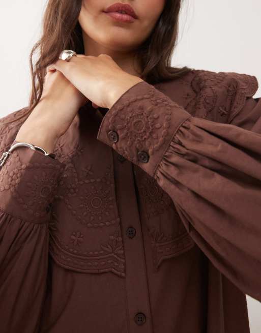 Reclaimed Vintage mini shirt dress with oversized collar and floral embroidery in chocolate brown