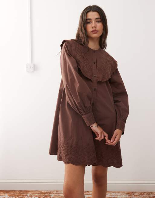 Reclaimed Vintage mini shirt dress with oversized collar and floral embroidery in chocolate brown