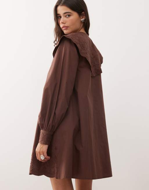 Reclaimed Vintage mini shirt dress with oversized collar and floral embroidery in chocolate brown