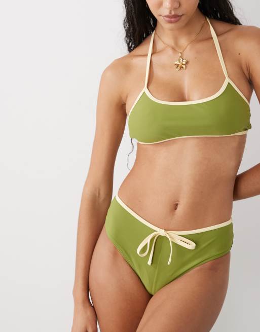 Reclaimed Vintage mini short bikini bottoms with binding in olive green, 2 of 4