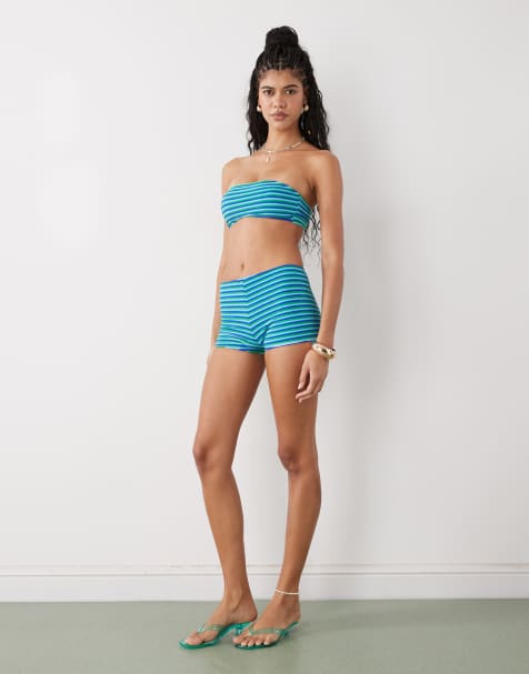Reclaimed Vintage mini short bikini in stripe towelling - view 1