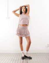 Bershka double waistband skater mini skirt in blue pinstripe | ASOS