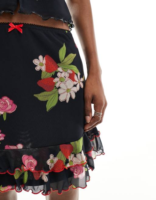 Reclaimed Vintage mini skirt with bows in black vintage floral and fruit print, 5 of 5
