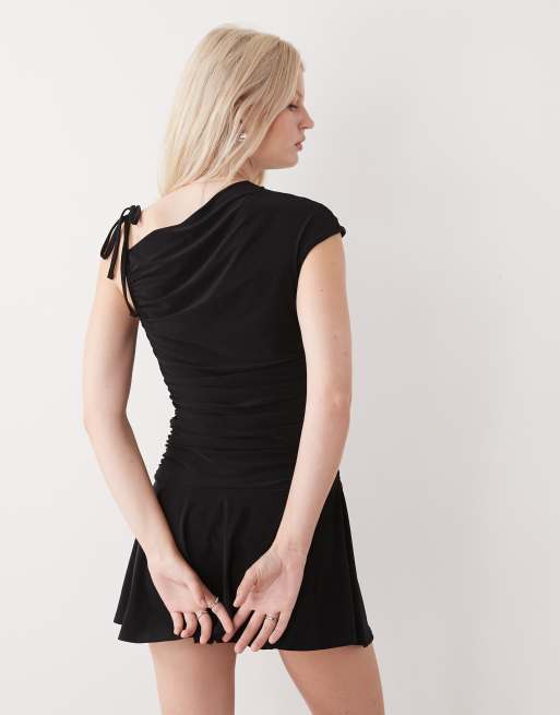 Reclaimed Vintage mini skort dress with shoulder tie detail in black, 4 of 4
