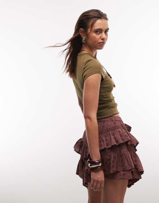 Reclaimed Vintage – Mini-Skort in Braun mit Lochstickerei und Rüschen, 2 von 7
