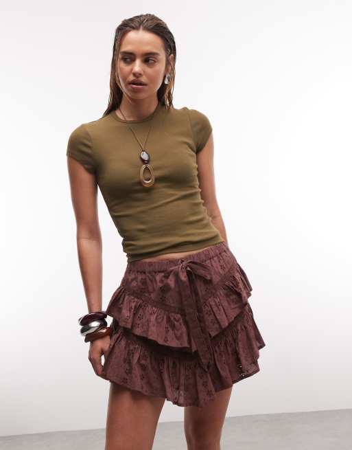 Reclaimed Vintage – Mini-Skort in Braun mit Lochstickerei und Rüschen, 5 von 7