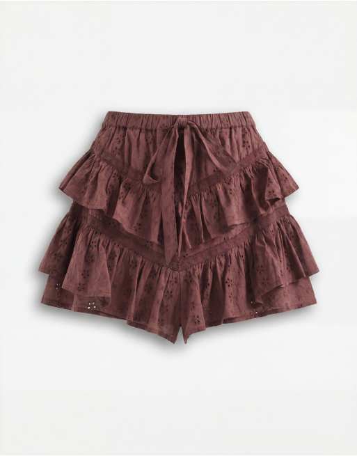 Reclaimed Vintage – Mini-Skort in Braun mit Lochstickerei und Rüschen, 6 von 7
