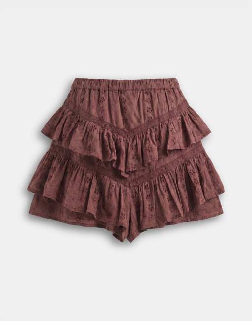 Reclaimed Vintage – Mini-Skort in Braun mit Lochstickerei und Rüschen, 7 von 7