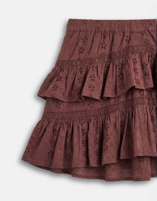 Reclaimed Vintage - Mini skort met ruches en broderie in bruin, 8 van 9