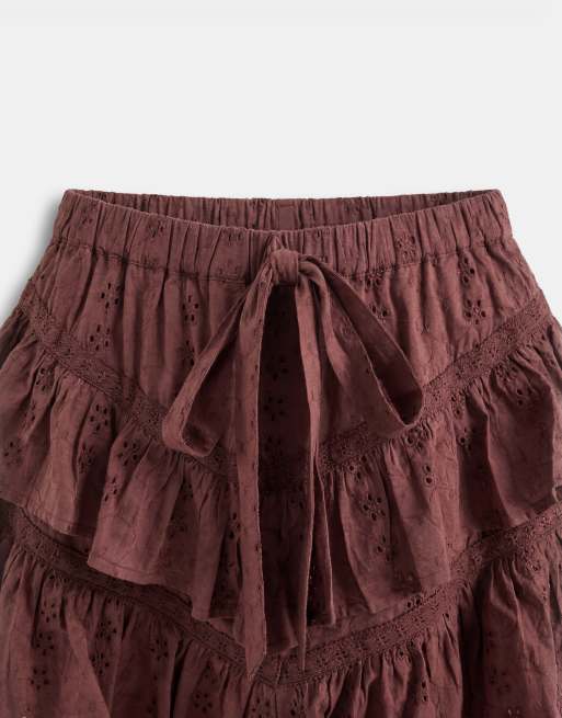 Reclaimed Vintage - Mini skort met ruches en broderie in bruin, 9 van 9