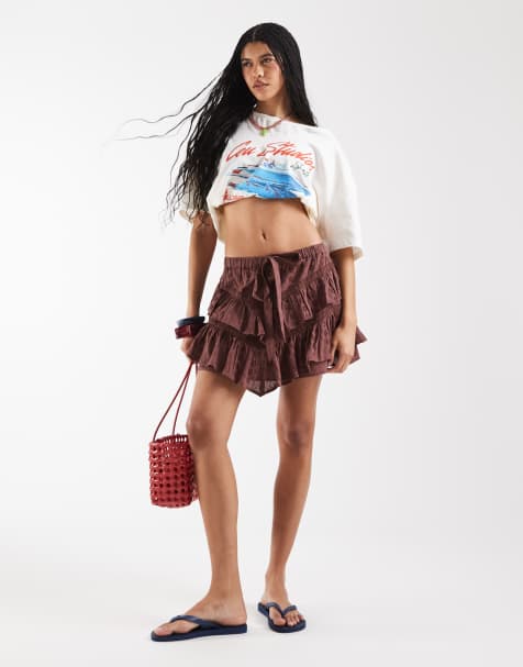 Reclaimed Vintage mini skort with ruffles in brown broderie - view 1