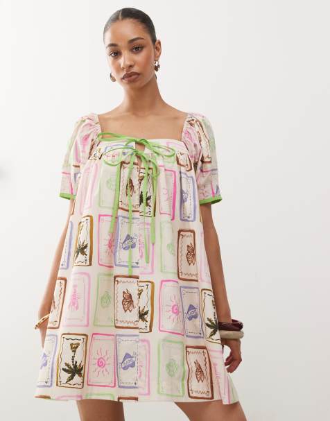 Reclaimed Vintage mini smock dress in bright postcard print - view 1
