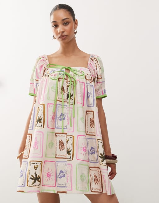 Reclaimed Vintage mini smock dress in bright postcard print