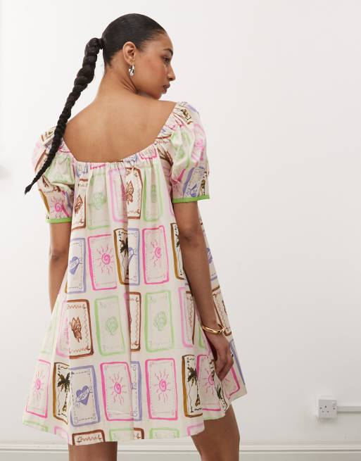 Reclaimed Vintage mini smock dress in bright postcard print