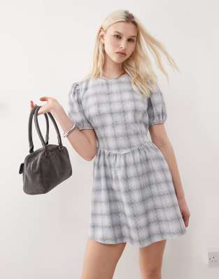 reclaimed vintage mini smock dress with bow back in gray check