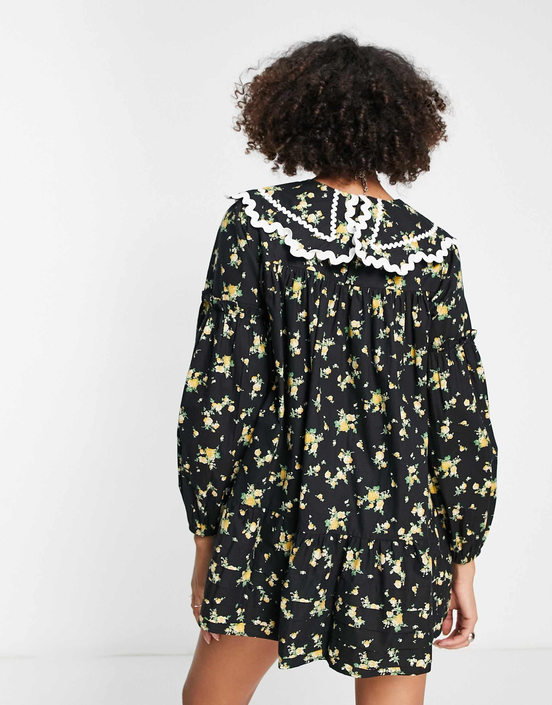 Reclaimed Vintage mini smock dress with contrast trim collar in floral view 3